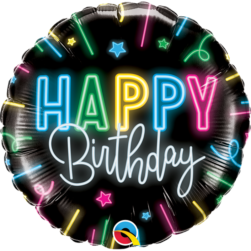 18" Happy Birthday Neon Lights Round Foil Balloon