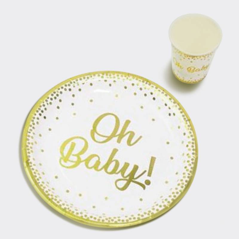 Gold Celebration Oh Baby Paper Cup and Plate Set