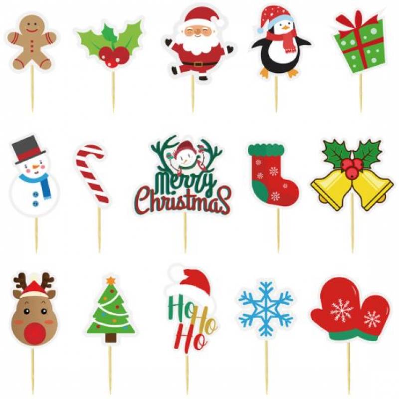 Merry Christmas Decorative Icons Cupcake Topper Set