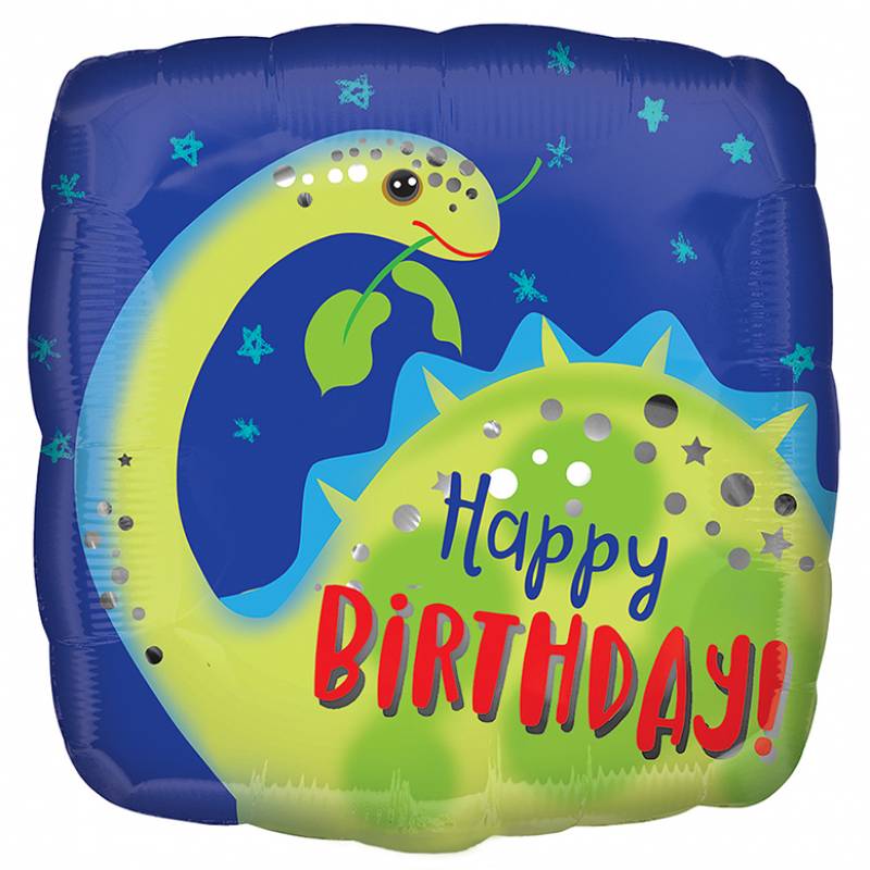 18" Happy Birthday Stegosaurus Blue Square Foil Balloon